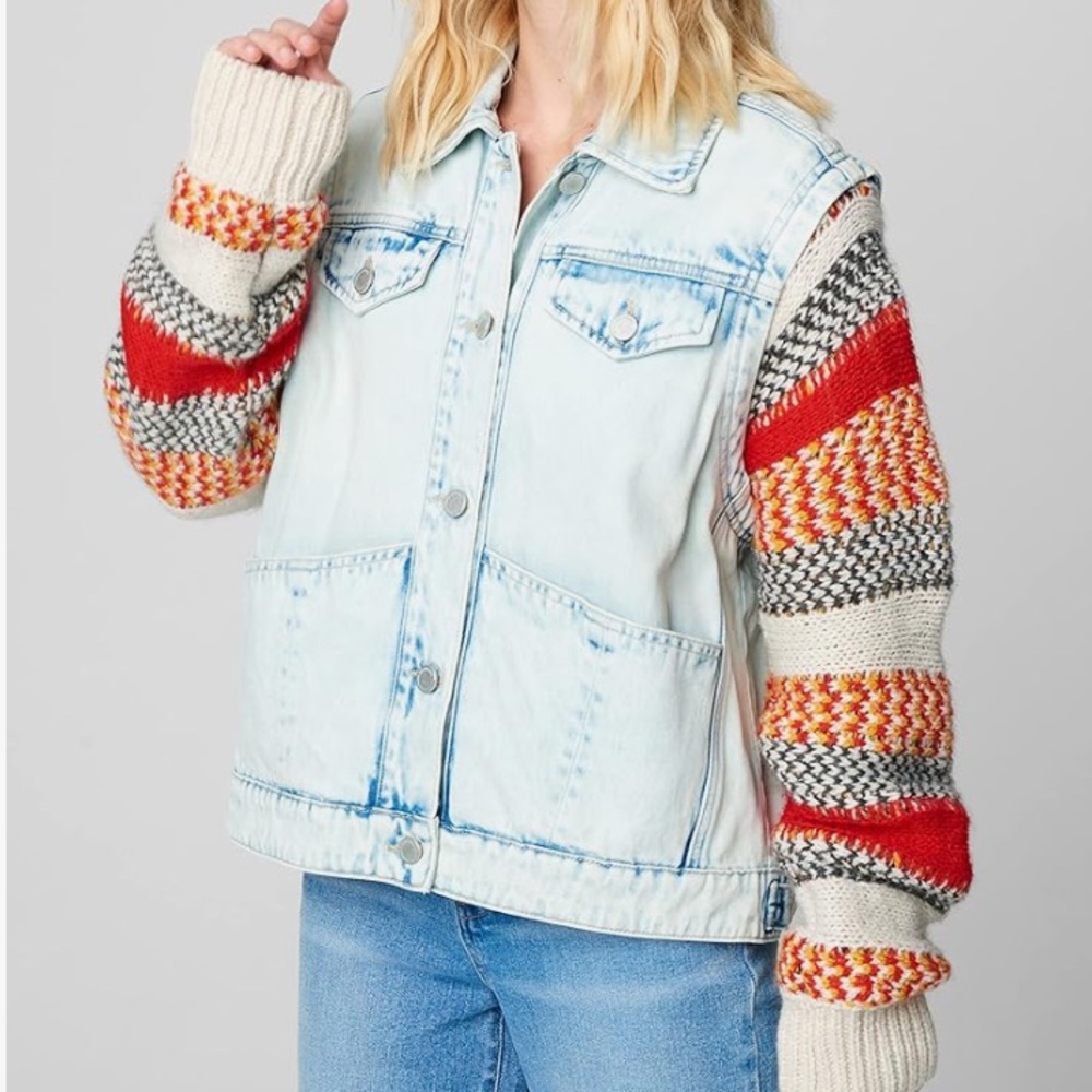 NEW Blank NYC Colorblock Stripe Sweater Sleeve Denim Trucker Jacket Acid Wash M - Picture 2 of 15